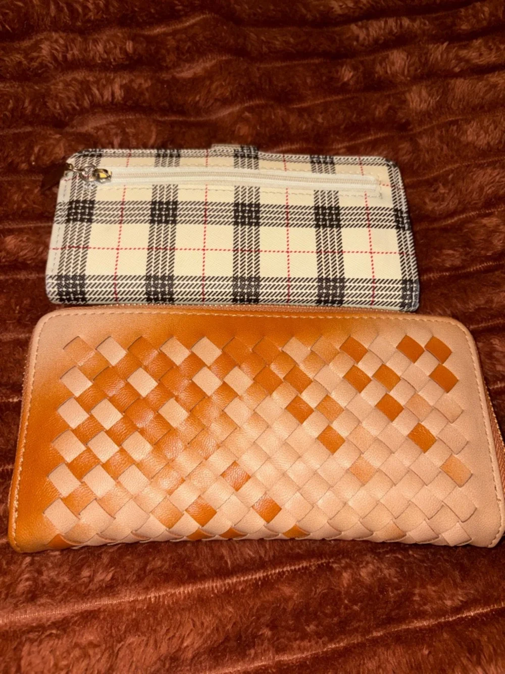 Woven Leather Zip-Around Wallet in Tan and Plaid